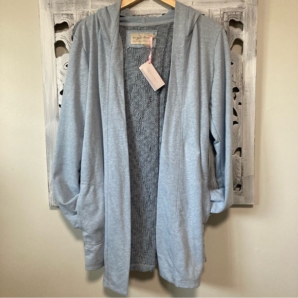 Evy’s Tree Light Blue Long Sleeve Hood Open Front Crochet Back Cardigan NWT - Picture 1 of 8